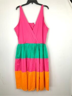 Mira Sz XXL Sleeveless Cotton Green/Pink/Orange Colorblock Midi Sun Dress Spurs